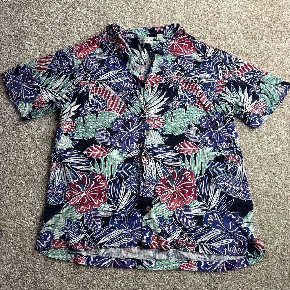 Caribbean‎ Shirt Mens 3XLT Blue Floral Hawaiian Short Sleeve Button Up Rayon